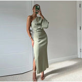 Olive green one-shoulder midi dress with slit