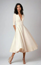 A-line wedding guest midi dress with three-quarter sleeves