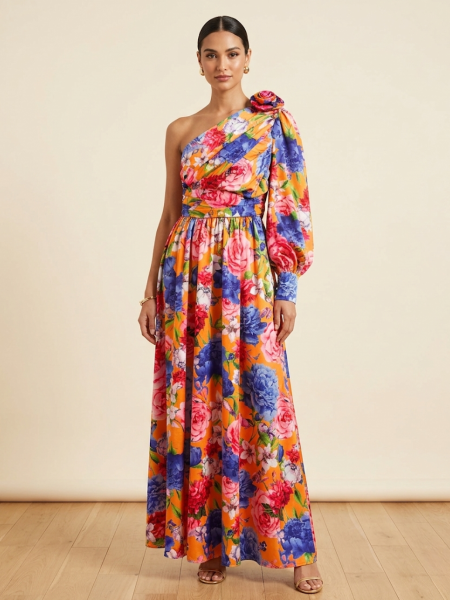 Saskia | One Shoulder Floral Puff Sleeve Maxi Dress