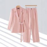 Saoirse belted long blazer pant suit in pink, front view