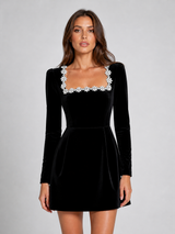Zsofia embellished long sleeve party dress in black, front view