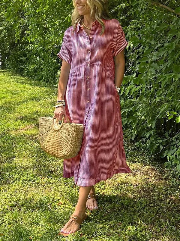 Short sleeve striped midi shirt dress