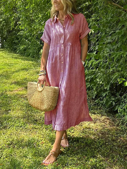 Short sleeve striped midi shirt dress