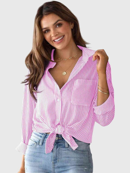 Striped shirt showing collared neckline