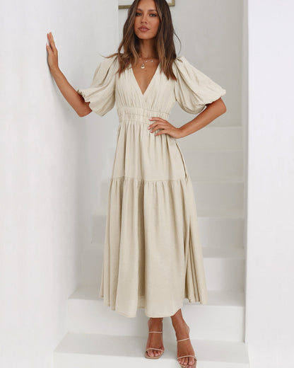 Noemie | V-Neck Puff Sleeve Smocked Midi Dress