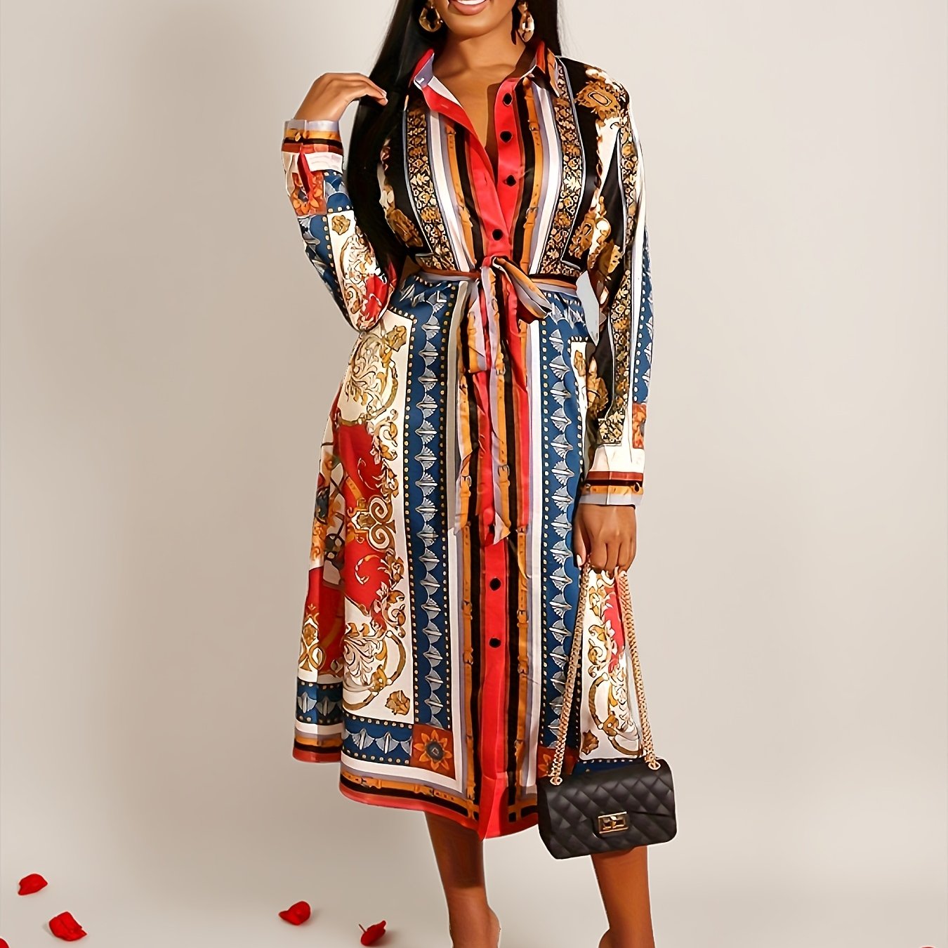 Long-sleeve mid-calf shirt dress in red, front view