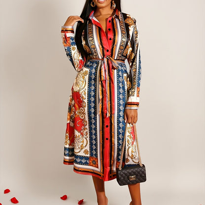 Long-sleeve mid-calf shirt dress in red, front view