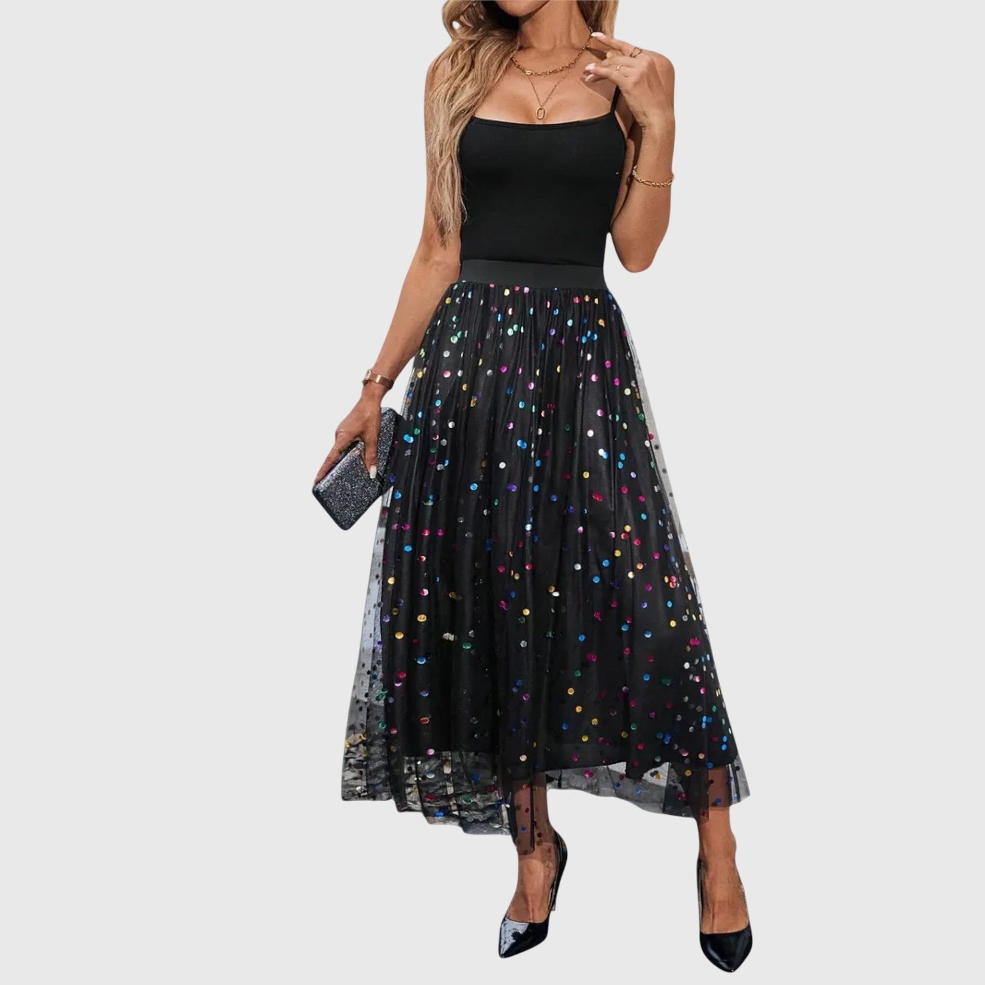 Pleated midi skirt in black, front view