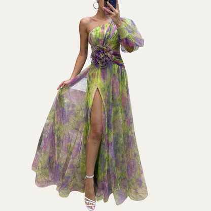 Off-shoulder maxi dress in green colourway