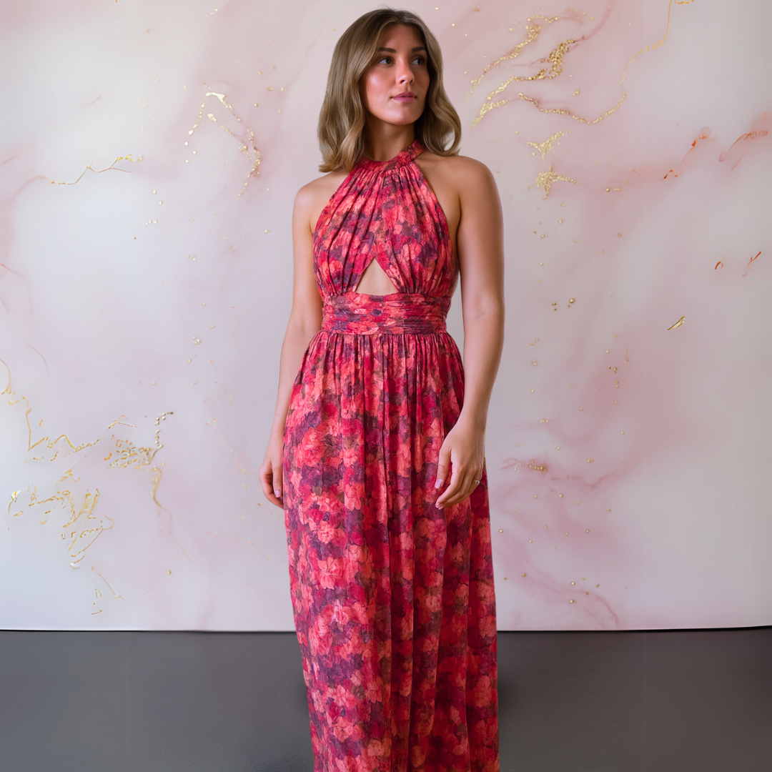 Halter maxi dress showing front cutout detail