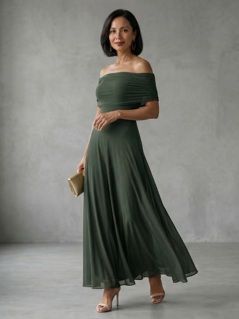 Off-shoulder draped midi dress, detail view