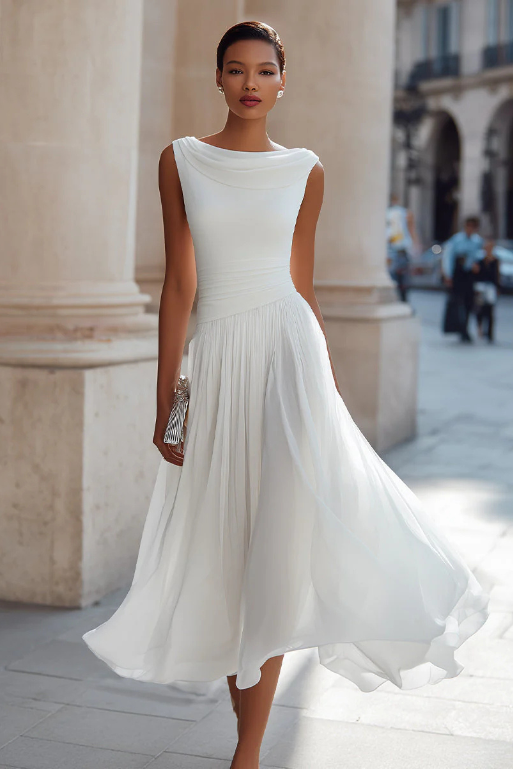 Vivielle | Draped Pleated Midi Wedding Guest Dress
