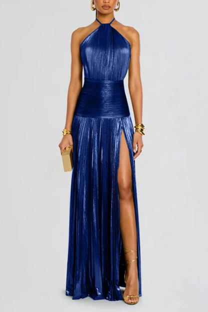 Harlow | Halter Pleated Satin Maxi Wedding Guest Dress