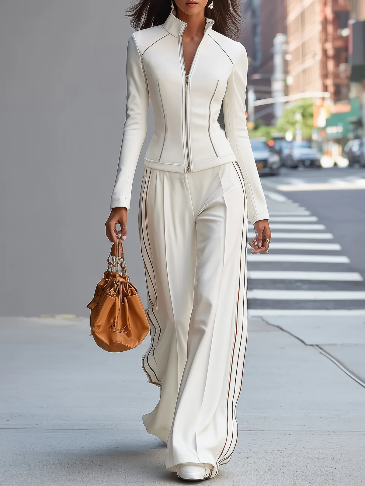 Kinsey color-block zip-up top and wide-leg pants set for women