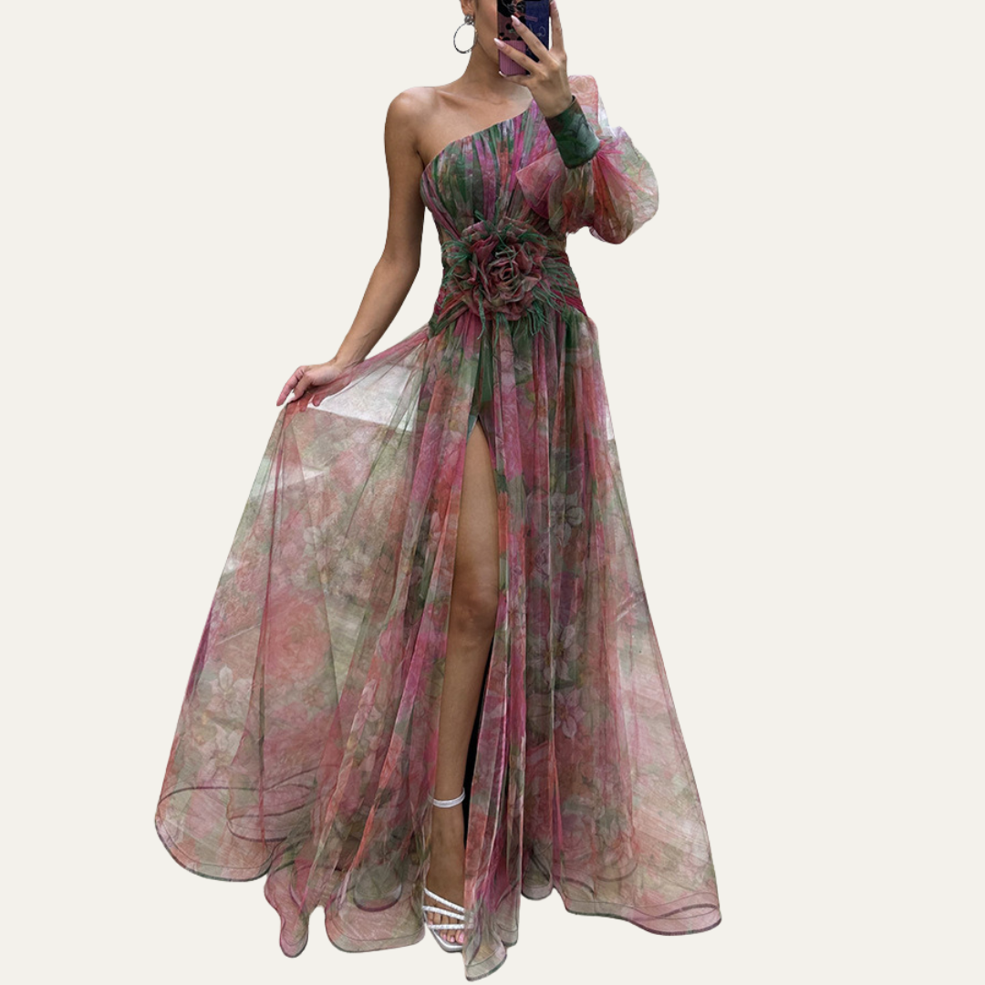 Off-shoulder maxi wedding guest dress in blue, front view