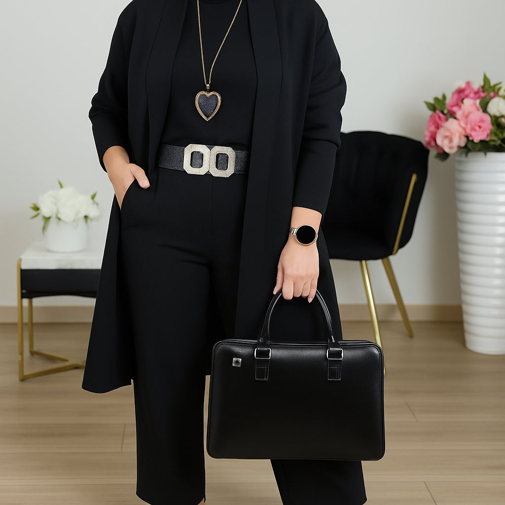 Open-front longline top and straight trouser set, front view