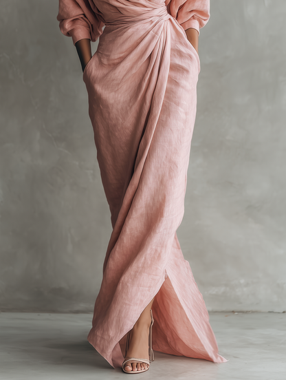 Linen V-neck maxi dress full-length view
