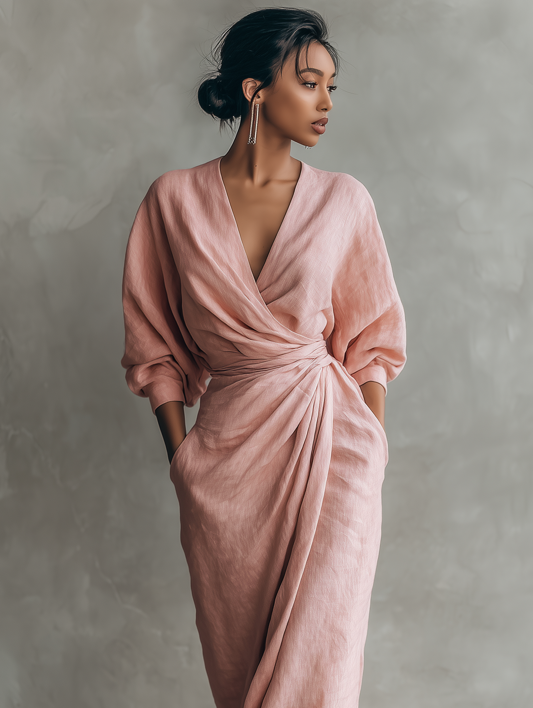 Linen V-neck maxi dress detail