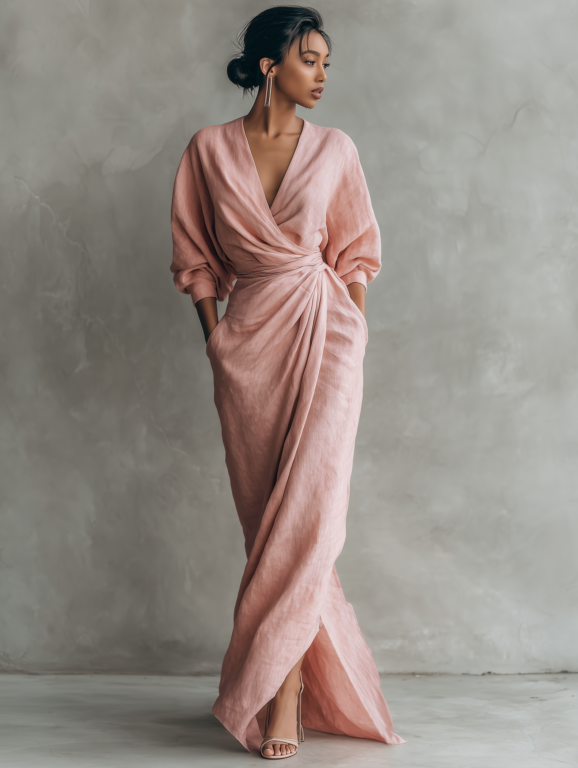 Linen V-neck maxi dress in brown colourway