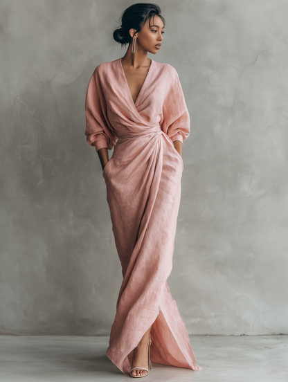 Linen V-neck maxi dress in brown colourway