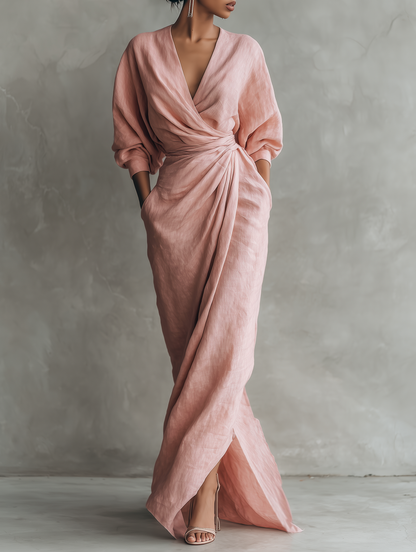 Linen V-neck maxi dress in pink, front view