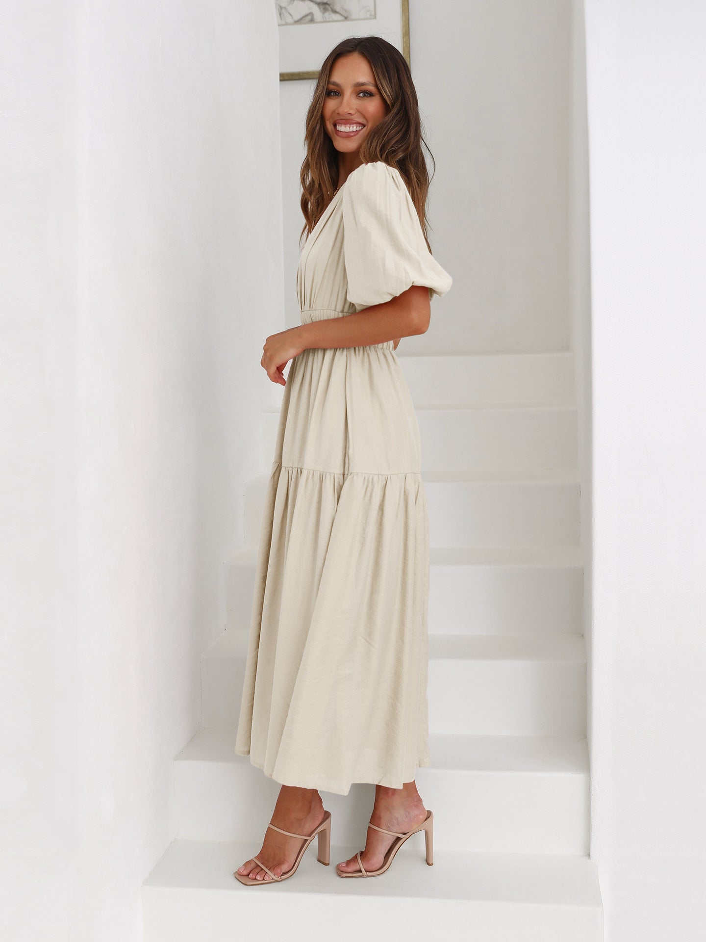 Noemie | V-Neck Puff Sleeve Smocked Midi Dress