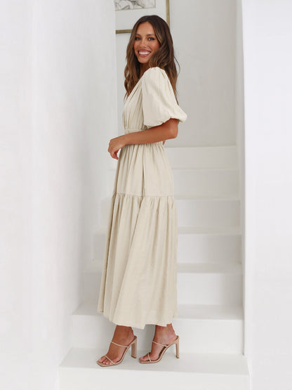 Noemie | V-Neck Puff Sleeve Smocked Midi Dress