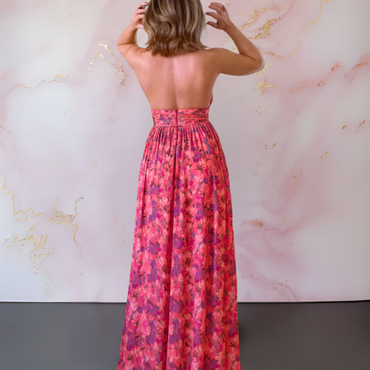 Printed halter maxi dress with high front slit