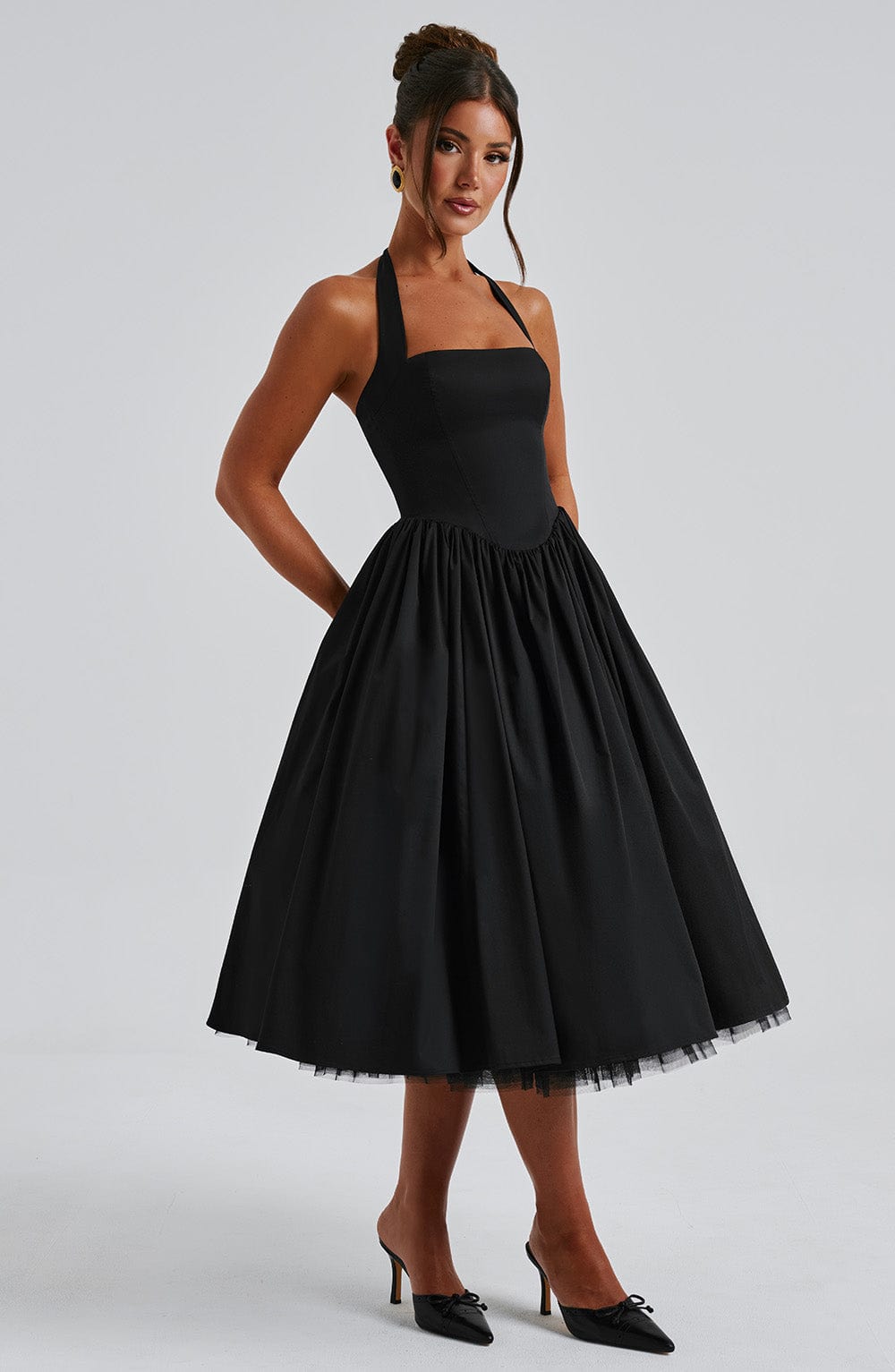 Halcyon | Halter Neck Open Back Midi Wedding Guest Dress