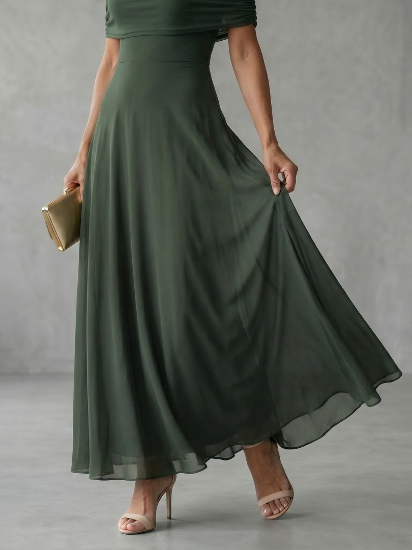 Draped midi dress showing chiffon layer detail