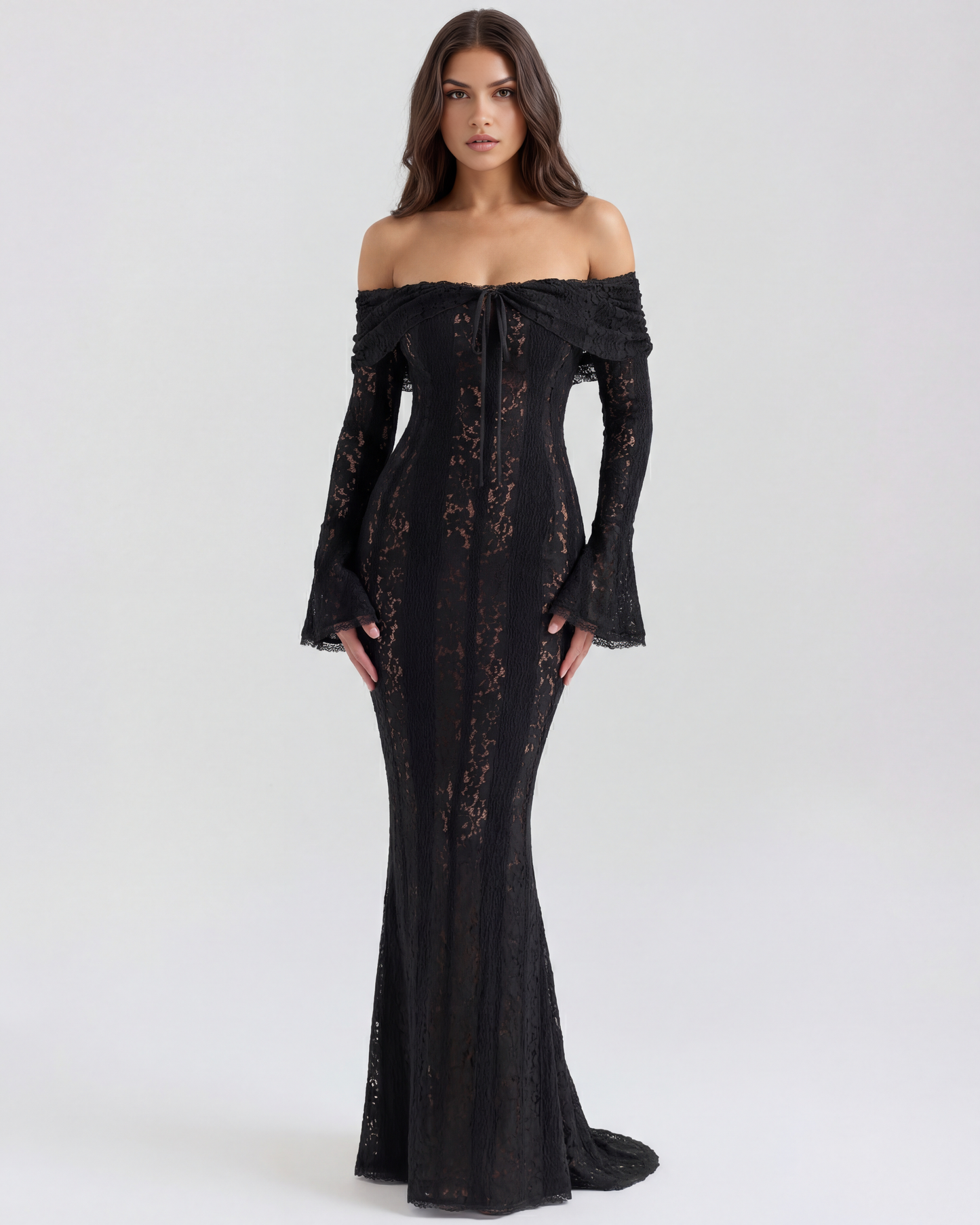 Marielle | Off-Shoulder Floral Lace Godet Maxi Wedding Guest Dress