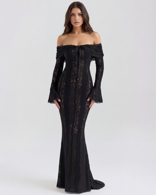 Marielle | Off-Shoulder Floral Lace Godet Maxi Wedding Guest Dress