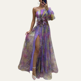 Off-shoulder maxi wedding guest dress in blue, front view