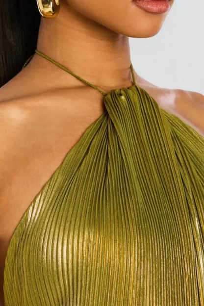 Harlow | Halter Pleated Satin Maxi Wedding Guest Dress