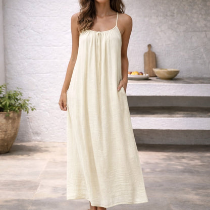 Lenoria | Linen Spaghetti Strap Maxi Sundress with Pockets
