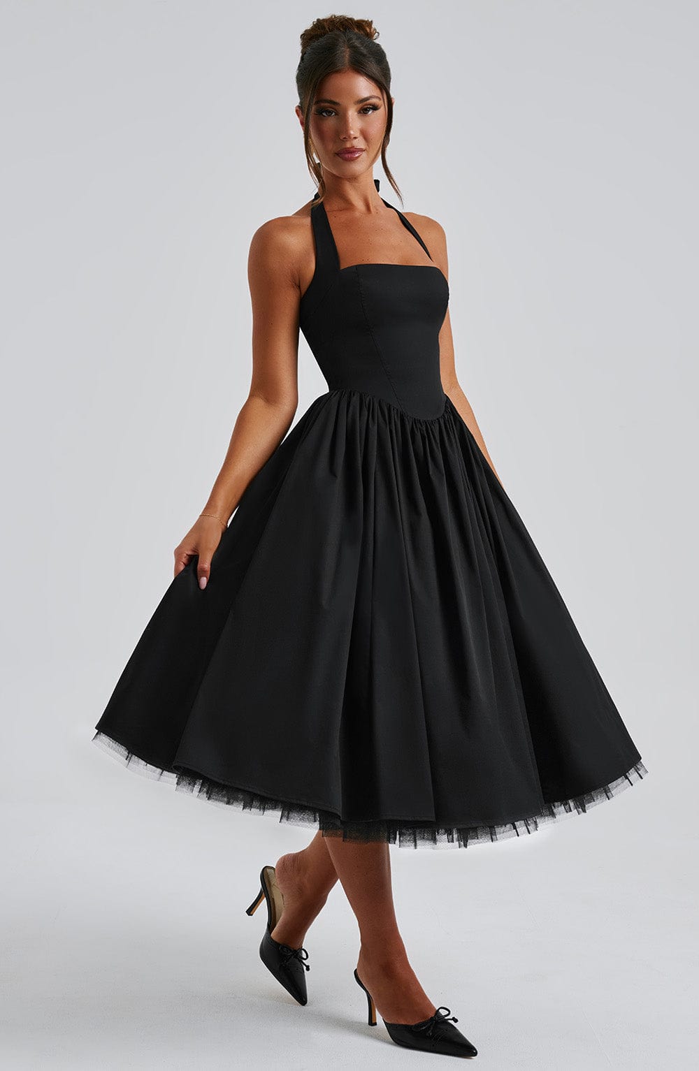 Halcyon | Halter Neck Open Back Midi Wedding Guest Dress