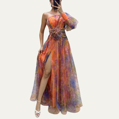 Off-shoulder maxi wedding guest dress in red