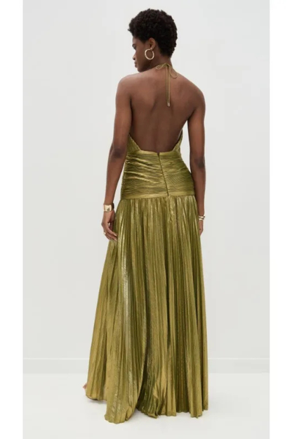 Harlow | Halter Pleated Satin Maxi Wedding Guest Dress