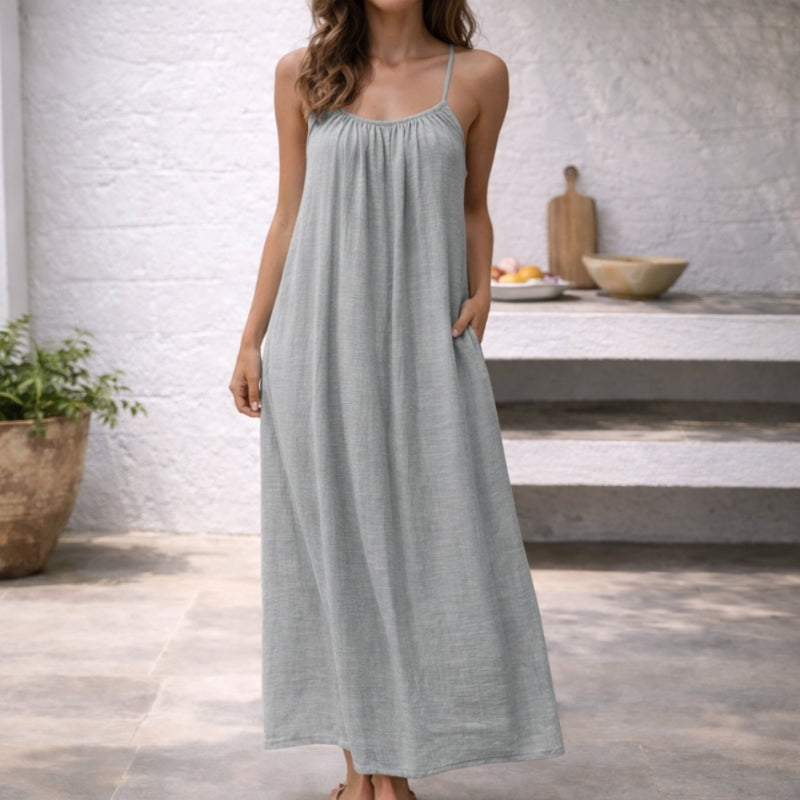 Lenoria | Linen Spaghetti Strap Maxi Sundress with Pockets