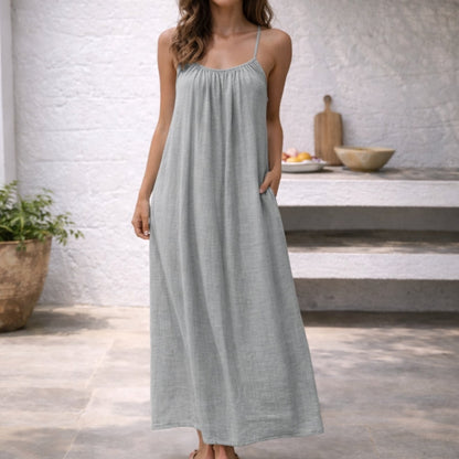 Lenoria | Linen Spaghetti Strap Maxi Sundress with Pockets