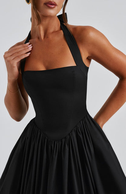 Halcyon | Halter Neck Open Back Midi Wedding Guest Dress