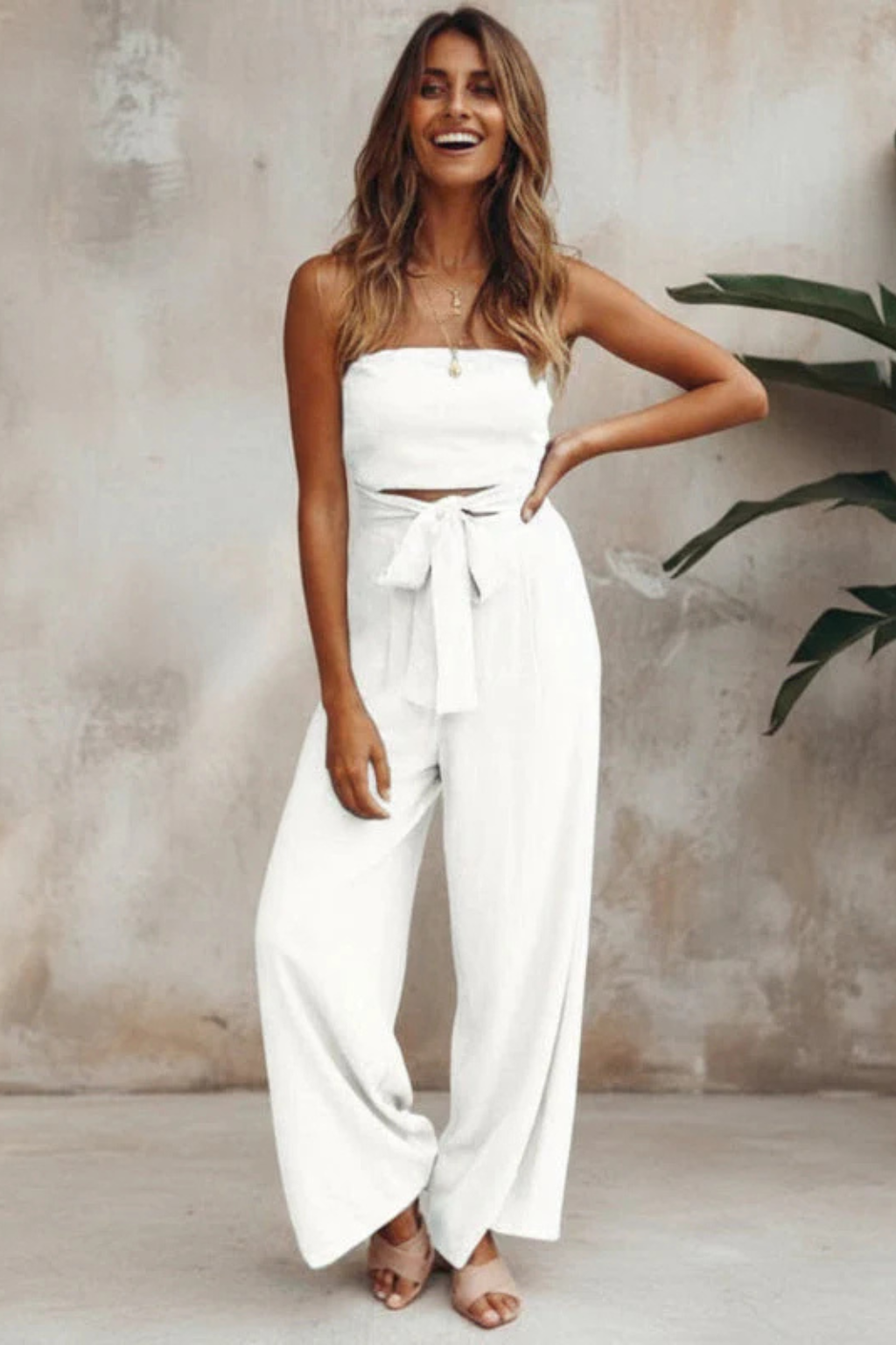 Oriane | Strapless Bandeau Top & High Waist Wide Leg Trousers Set