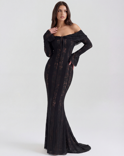 Marielle | Off-Shoulder Floral Lace Godet Maxi Wedding Guest Dress