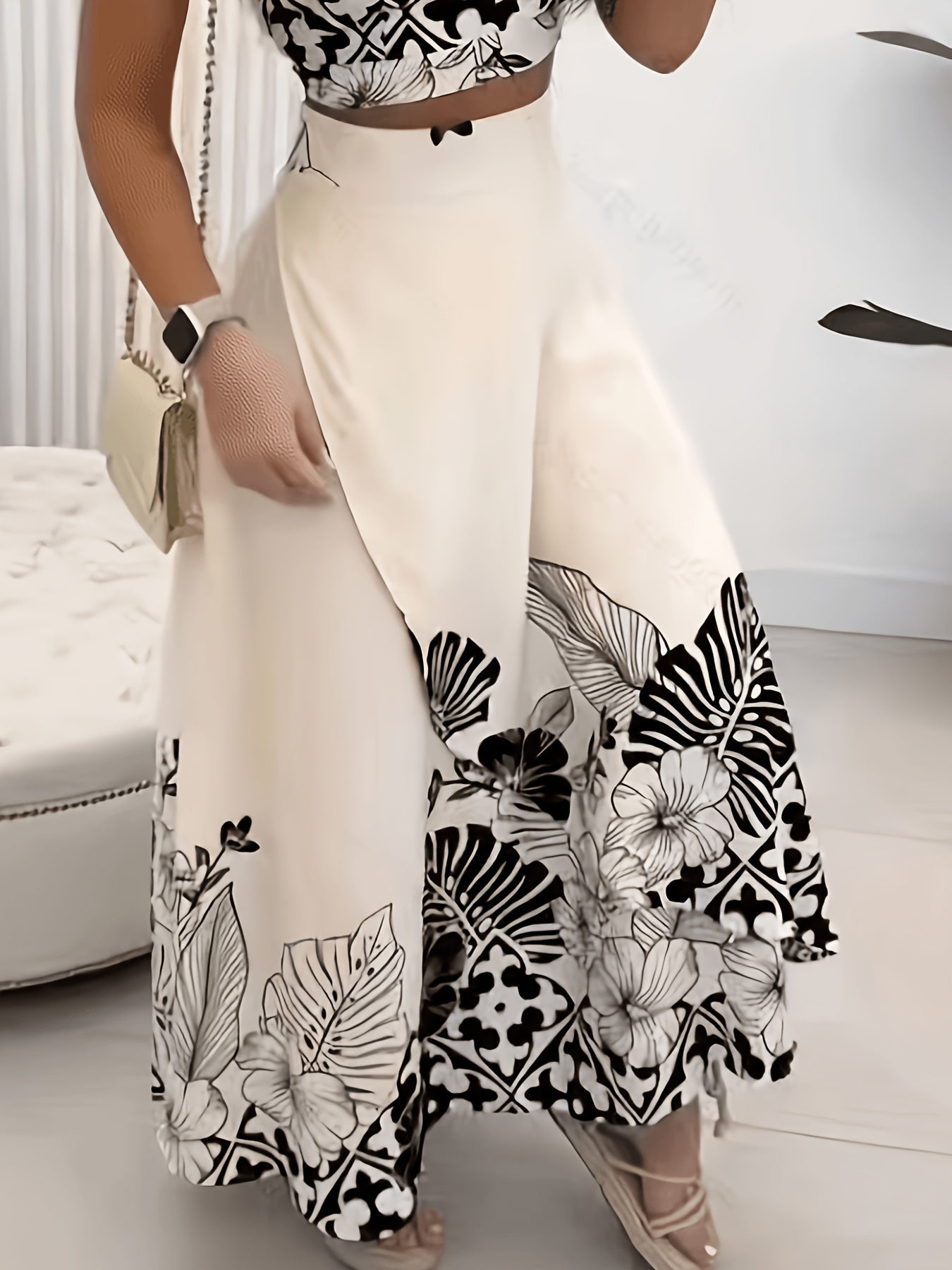 Botanical print two-piece skirt set shown on model