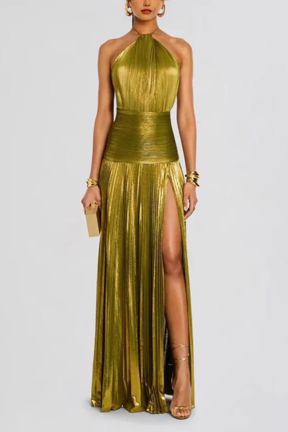 Harlow | Halter Pleated Satin Maxi Wedding Guest Dress