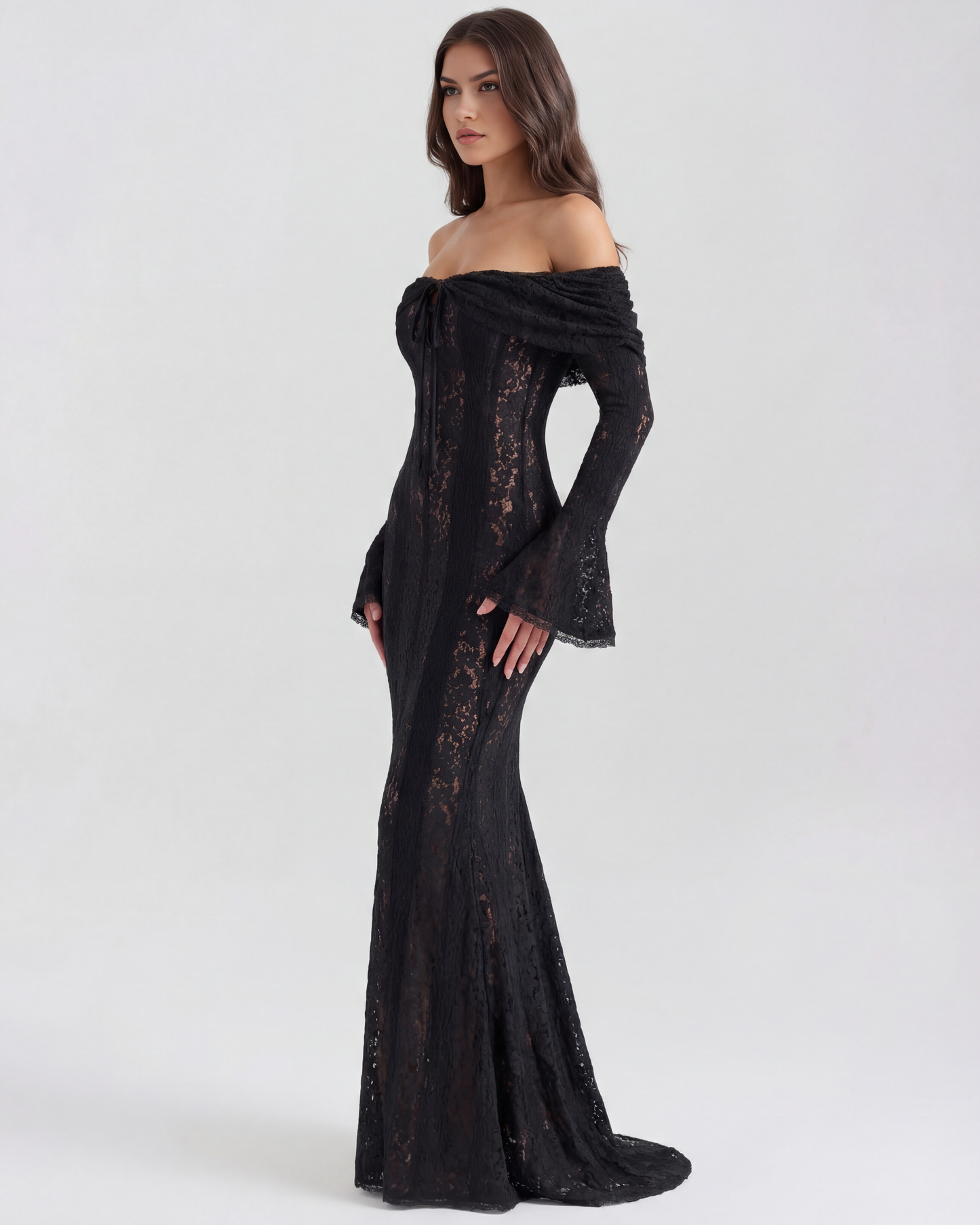 Marielle | Off-Shoulder Floral Lace Godet Maxi Wedding Guest Dress