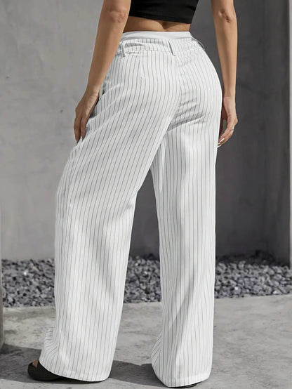 High-waist striped trousers, close detail