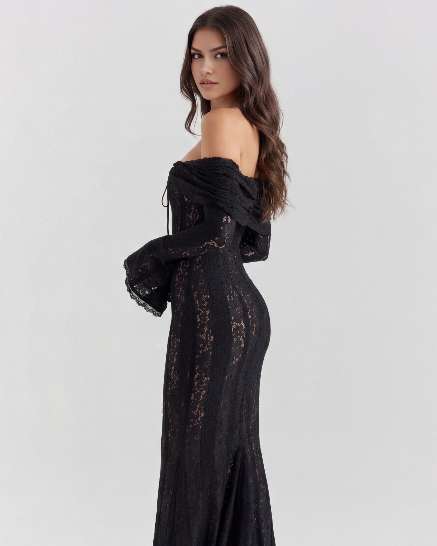 Marielle | Off-Shoulder Floral Lace Godet Maxi Wedding Guest Dress