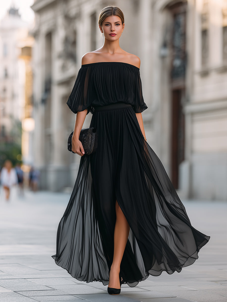 Pleated off-shoulder gown, further view