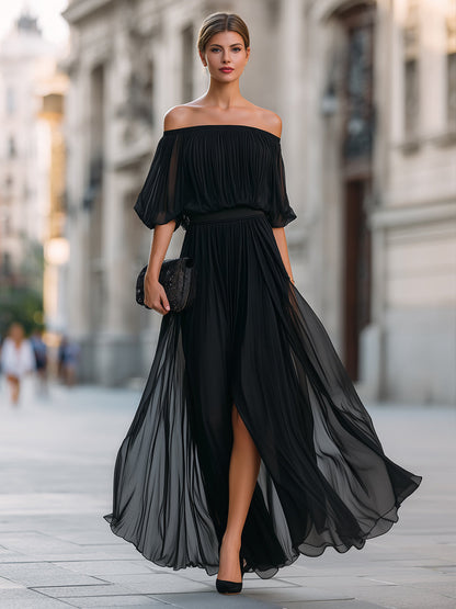 Pleated off-shoulder gown, further view
